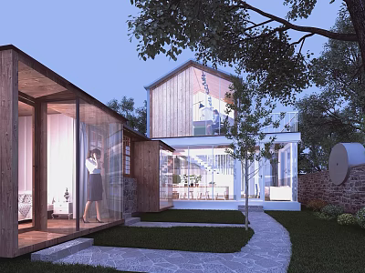 Modern Detached Villa Featuring Glass Walls Wooden Accents Landscaped Garden And Stone Pathway 3d model