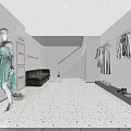Modern Women's Clothing Store with Minimalist Interior Mannequin Dress Hanging Clothes Sofa and Shoes