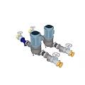 Industrial Equipment with Two Blue Motors Connected Pipes and Yellow Valves