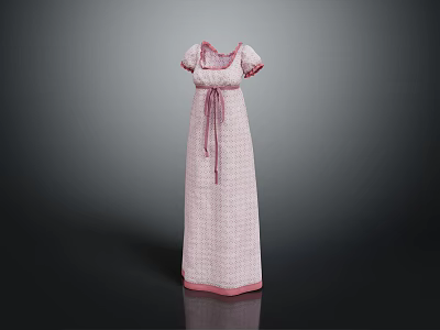Elegant Pink Plaid Long Dress With Short Sleeves And Bow Tie Detail 3d model