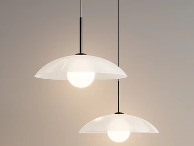 Two Modern Pendant Lights Featuring White Dome Shades And Black Metal Rods 3d model