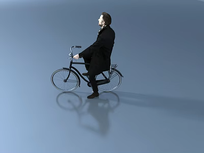 Man in Black Suit Riding Black Bicycle on Light Blue Floor with Reflection 3d model