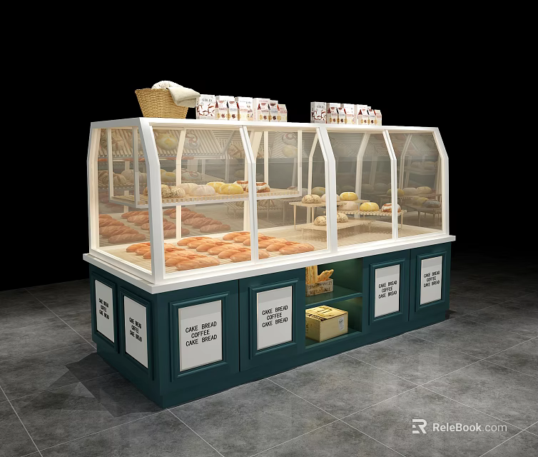 Bakery Display Case Shelving With Glass Doors For Bread Pastries And Labeled Base Cabinets 3d model 