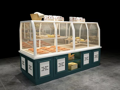 Bakery Display Case Shelving With Glass Doors For Bread Pastries And Labeled Base Cabinets 3d model