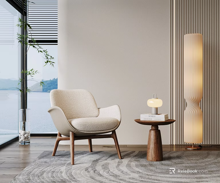 Beige Modern Armchair With Wooden Legs And Side Table With Table Lamp 3d model 