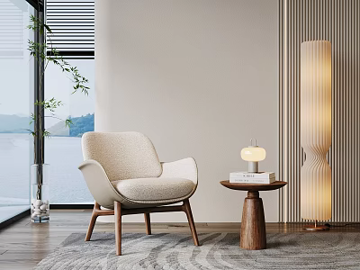 Beige Modern Armchair With Wooden Legs And Side Table With Table Lamp 3d model