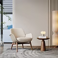 Beige Modern Armchair With Wooden Legs And Side Table With Table Lamp