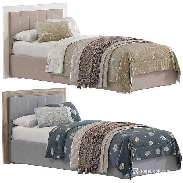Cozy Children's Bed With Soft Headboard Plush Pillows And Patterned Bedding 3d model 