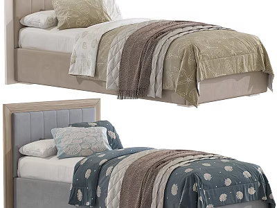 Cozy Children's Bed With Soft Headboard Plush Pillows And Patterned Bedding 3d model