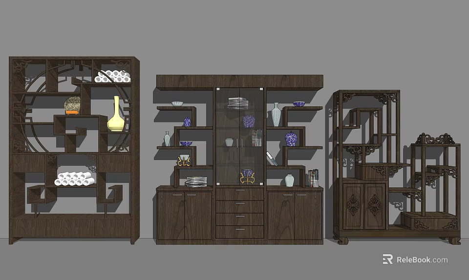 Traditional Wooden Curio Shelves With Multiple Compartments For Decorative Items Display And Storage 3d model 