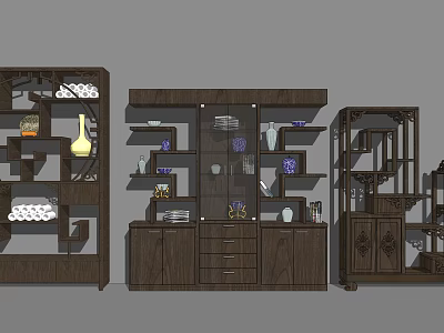 Traditional Wooden Curio Shelves With Multiple Compartments For Decorative Items Display And Storage 3d model
