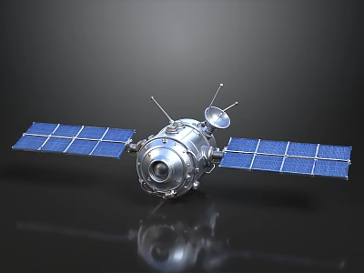 Silver Satellite Model With Solar Panels Antennas And Dark Background Reflection 3d model
