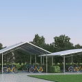 Outdoor Bicycle Canopy With Parked Bikes Surrounded By Trees And Greenery