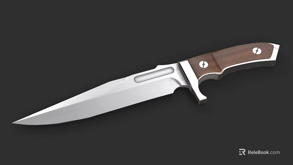 Tactical Knife Featuring Silver Metal Blade Brown Wooden Handle And Metal Rivets 3d model 