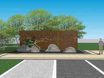 Brown Garden Feature Wall With Golden Branch Pattern Inscriptions And Stone Decorations 3d model