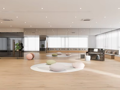 Bright Wellness Fitness Studio With Light Wooden Flooring White Circular Mat And Colorful Cushions 3d model