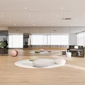 Bright Wellness Fitness Studio With Light Wooden Flooring White Circular Mat And Colorful Cushions