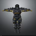 Sci Fi Armored Character With Black Yellow Armor And Mechanical Design Standing Pose