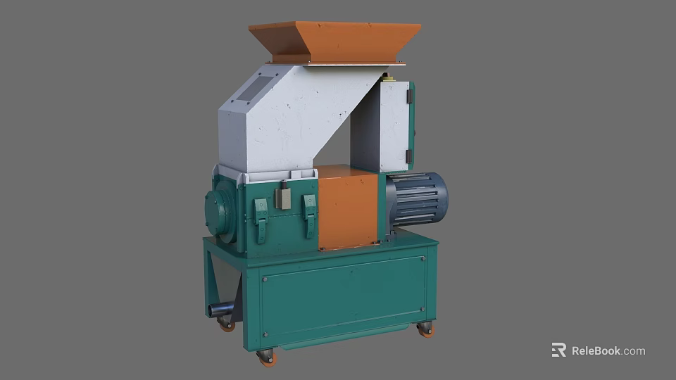 Industrial Shredder Equipment With Orange Feeding Hopper Green Base And Motor 3d model 