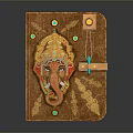 Handcrafted Brown Leather Notebook With Ganesha Decoration Gold Embroidery And Green Gemstones