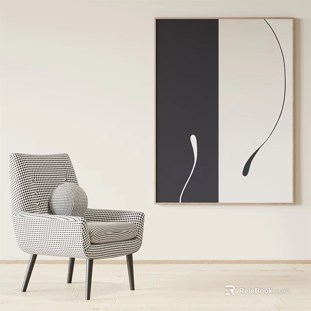 Modern Checkered Single Sofa With Decorative Pillow And Abstract Wall Art 3d model 