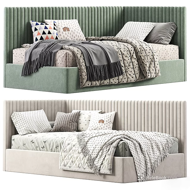 Single Bed Bedroom Interior With Green Beige Headboard Patterned Pillows And Soft Blankets 3d model 