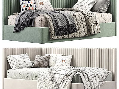 Single Bed Bedroom Interior With Green Beige Headboard Patterned Pillows And Soft Blankets 3d model