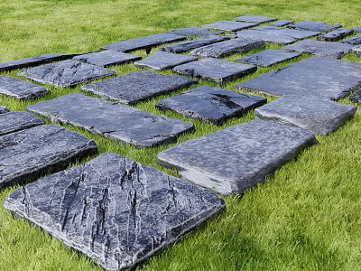 Road Facility With Irregular Gray Stone Slabs Walking Path On Green Grass 3d model