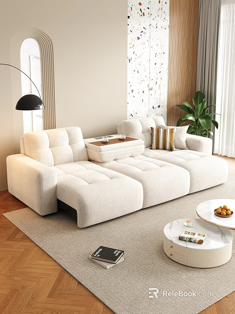 Cozy Beige L Shaped Sofa and Coffee Table Set with Tray Decor in Living Room 3d model 