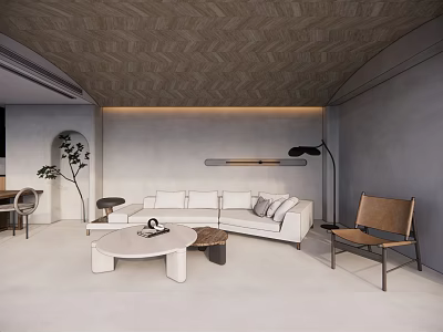 Modern Dining and Living Room Interior With White Sofa Coffee Table Floor Lamp and Dining Chairs 3d model