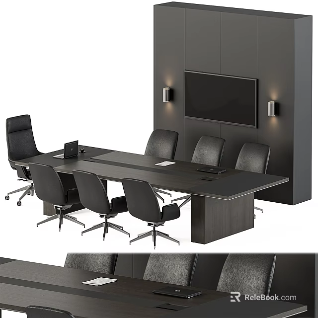 Modern Conference Table And Chair Set With Dark Finish Wall TV And Lamps 3d model 