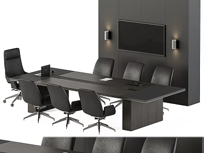 Modern Conference Table And Chair Set With Dark Finish Wall TV And Lamps 3d model