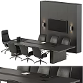 Modern Conference Table And Chair Set With Dark Finish Wall TV And Lamps