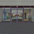 Modern Building Entrance With Automatic Glass Doors Stone Wall And Indoor Plants