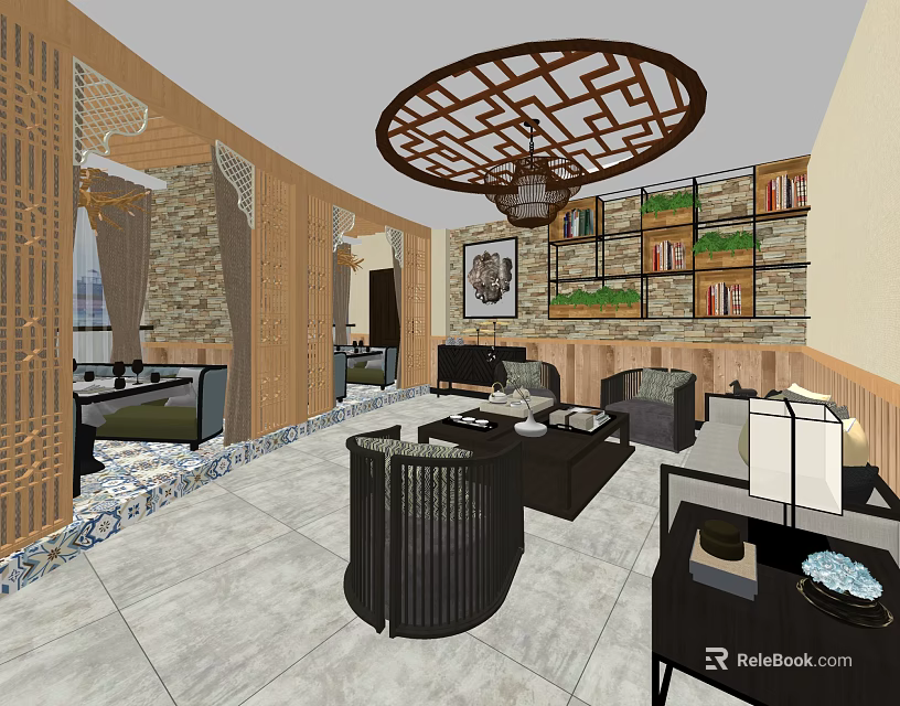 Elegant Chinese Clubhouse Lounge With Wooden Grille Decor Bookshelves Sofa And Tea Table 3d model 