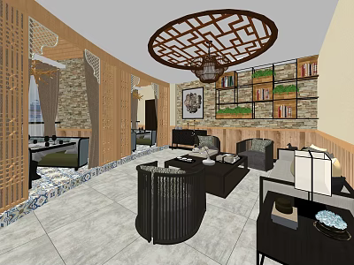 Elegant Chinese Clubhouse Lounge With Wooden Grille Decor Bookshelves Sofa And Tea Table 3d model