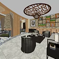 Elegant Chinese Clubhouse Lounge With Wooden Grille Decor Bookshelves Sofa And Tea Table
