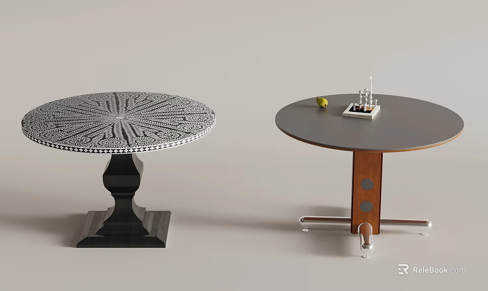 Stylish Round Tables Featuring Patterned And Solid Tops With Unique Bases And Fruit 3d model 