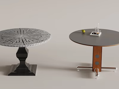 Stylish Round Tables Featuring Patterned And Solid Tops With Unique Bases And Fruit 3d model