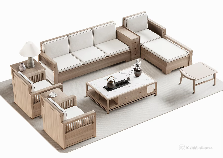 Modern Wooden Sofa and Coffee Table Set with Minimalist Design in Living Room 3d model 