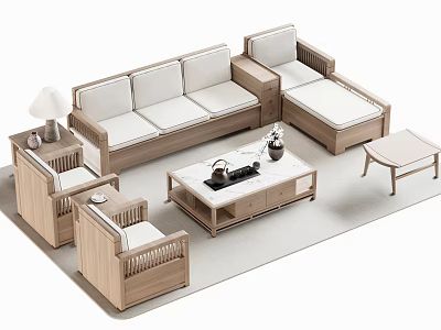 Modern Wooden Sofa and Coffee Table Set with Minimalist Design in Living Room 3d model