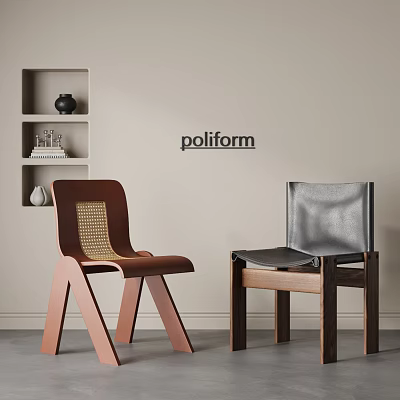Brown Woven Seat And Gray Leather Back Poliform Modern Chairs With Wall Shelf 3d model