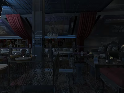 Dark Style Bar Interior With Red Curtains Chandelier Wine Racks Sofas And Dining Tables 3d model