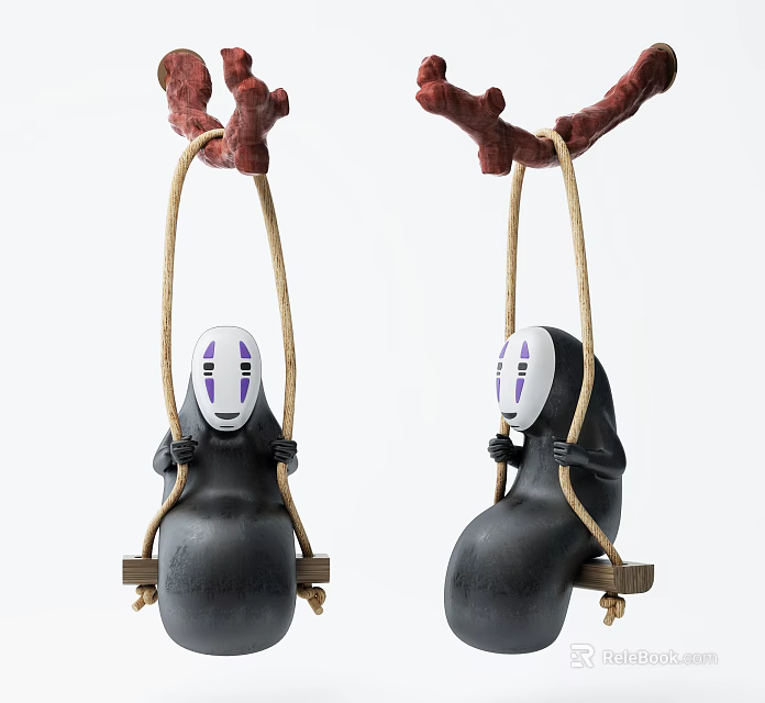 Hanging Ornament Featuring No Face Character On Swing With Branch Rope And Wooden Base 3d model 