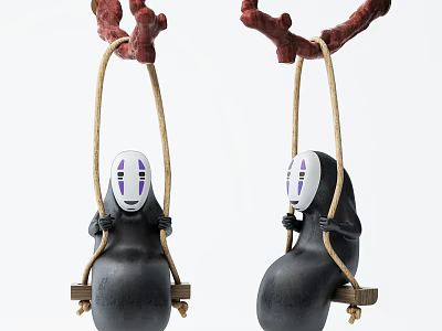 Hanging Ornament Featuring No Face Character On Swing With Branch Rope And Wooden Base 3d model