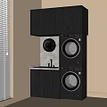 Modern Laundry Room With Dark Upper Cabinets Stacked Washer Dryer And Sink