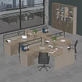 Modern Office Partition Work Desks With Files Potted Plants Computer And Office Chairs