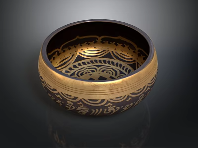 Intricate Carved Sculpture Bowl With Gold And Black Ornate Patterns And Traditional Designs 3d model