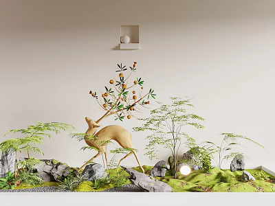 Miniature Garden Decor With Golden Deer Statue Lush Green Plants And Mossy Stones 3d model