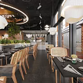 Modern Restaurant Interior With Wooden Chairs Hanging Pendant Lights And Green Plants